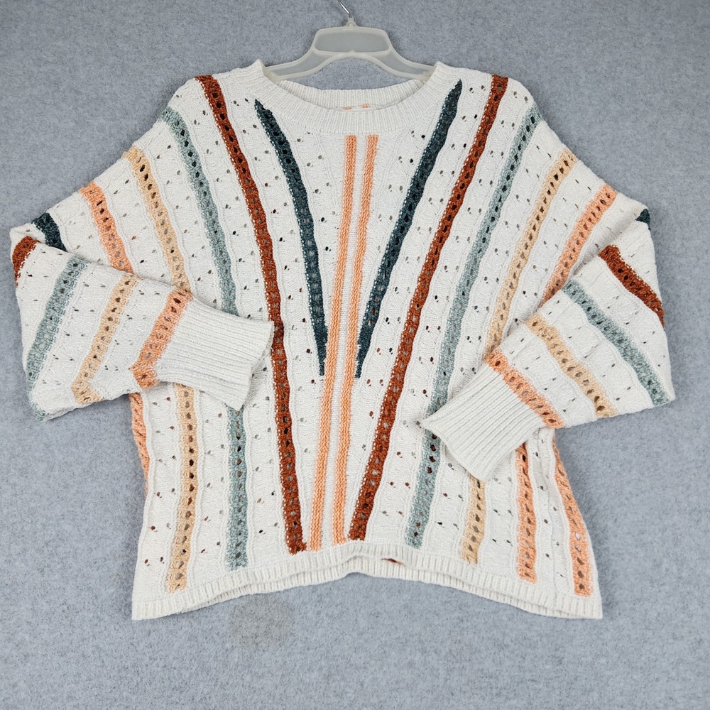 Maurices Chenille Sweater Womens Large White Striped Crochet Loose Fit Crewneck